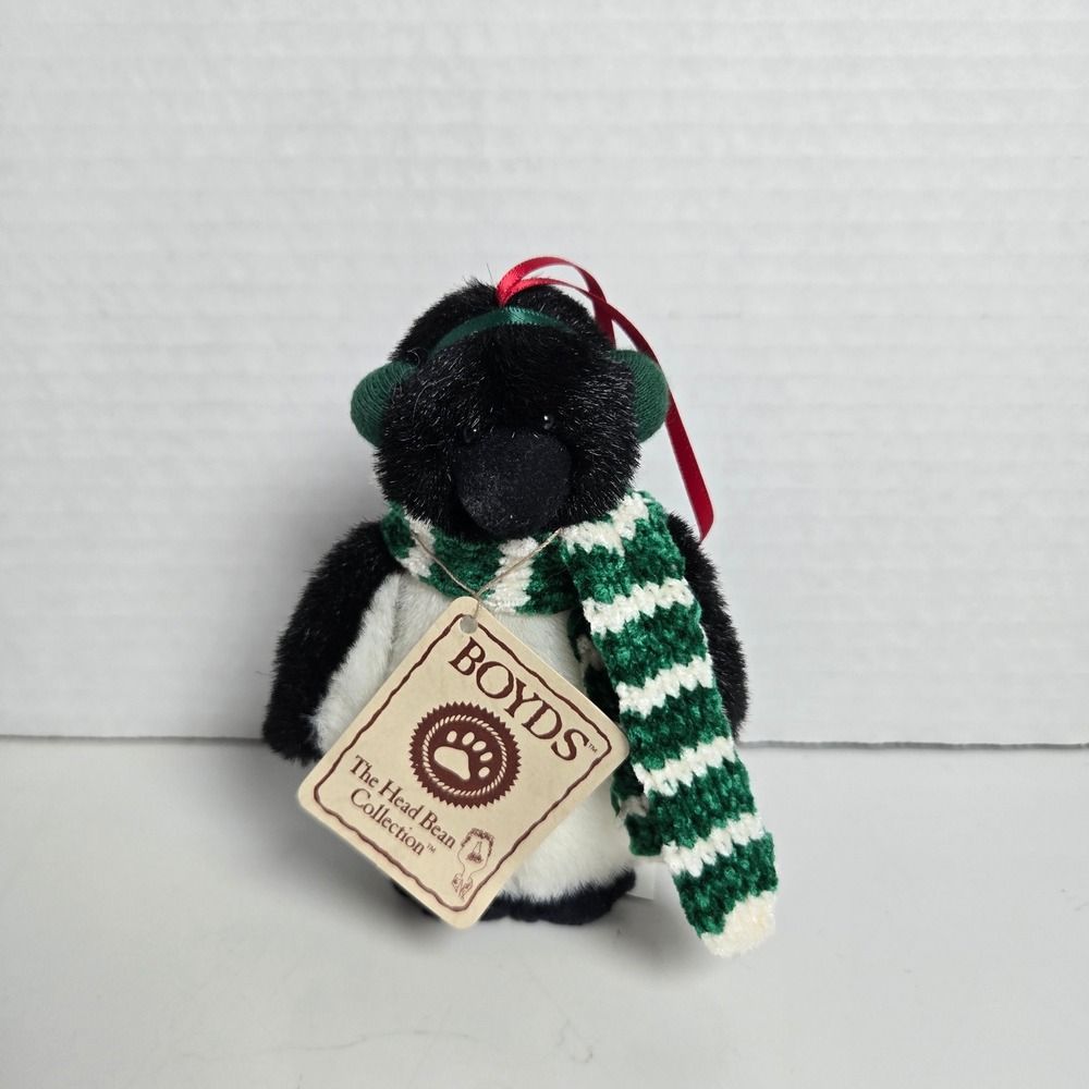 NWT Boyds Bears Penguin Plush Ornament Green Scarf Earmuffs #562748 Mini 4.5"